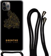 Hoesje met koord Geschikt voor iPhone 11 Pro - Drenthe - Kaart - Goud - Zwart - Siliconen - Crossbody - Backcover met Koord - Telefoonhoesje met koord - Hoesje met touw