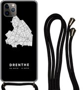 Hoesje met koord Geschikt voor iPhone 11 Pro - Drenthe - Wegenkaart - Zwart - Siliconen - Crossbody - Backcover met Koord - Telefoonhoesje met koord - Hoesje met touw