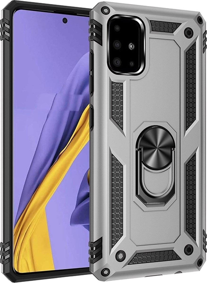 Mobigear Hoesje geschikt voor Samsung Galaxy A51 Telefoonhoesje Hardcase | Mobigear Armor Ring Backcover Shockproof met Ringhouder | Schokbestendig Galaxy A51 Telefoonhoesje | Anti Shock Proof - Zilver