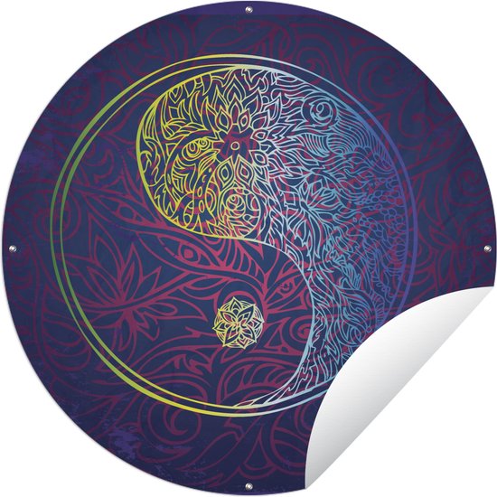 Tuincirkel Een illustratie van een Yin en Yang logo in een donkerblauwe kleur - 120x120 cm - Ronde Tuinposter - Buiten XXL / Groot formaat!