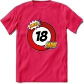18 Jaar Hoera Verkeersbord T-Shirt | Grappig Verjaardag Cadeau | Dames - Heren | - Roze - S
