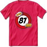 87 Jaar Hoera Verkeersbord T-Shirt | Grappig Verjaardag Cadeau | Dames - Heren | - Roze - L