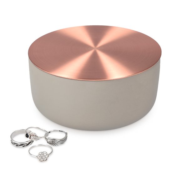 Navaris sieradendoos beton en roségoud - Sieradenopberger kleur koper - Juwelendoos voor kettingen, armbanden, ringen - Sieradenbakje grijs en goud