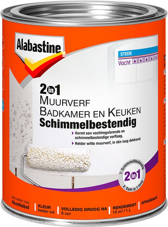 Afbeelding van Alabastine 2 In 1 Badkamer en Keuken Muurverf - Wit - 1 liter