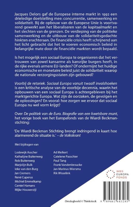 Achterkant van het boek 'Voorbij de retoriek' met tekst, auteurslijst, uitgever en logo van WBS Europa Fonds.
