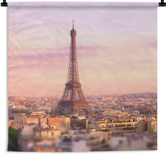 Wandkleed - Wanddoek - Uitzicht over Parijs met de Eiffeltoren die erboven uit steekt - 120x120 cm - Wandtapijt