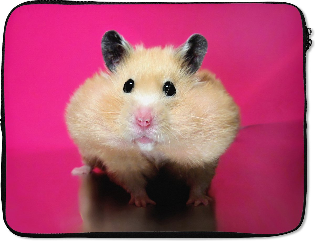 Laptophoes 17 inch - Hamster met roze achtergrond - Laptop sleeve - Binnenmaat 41x28 cm - Zwarte achterkant