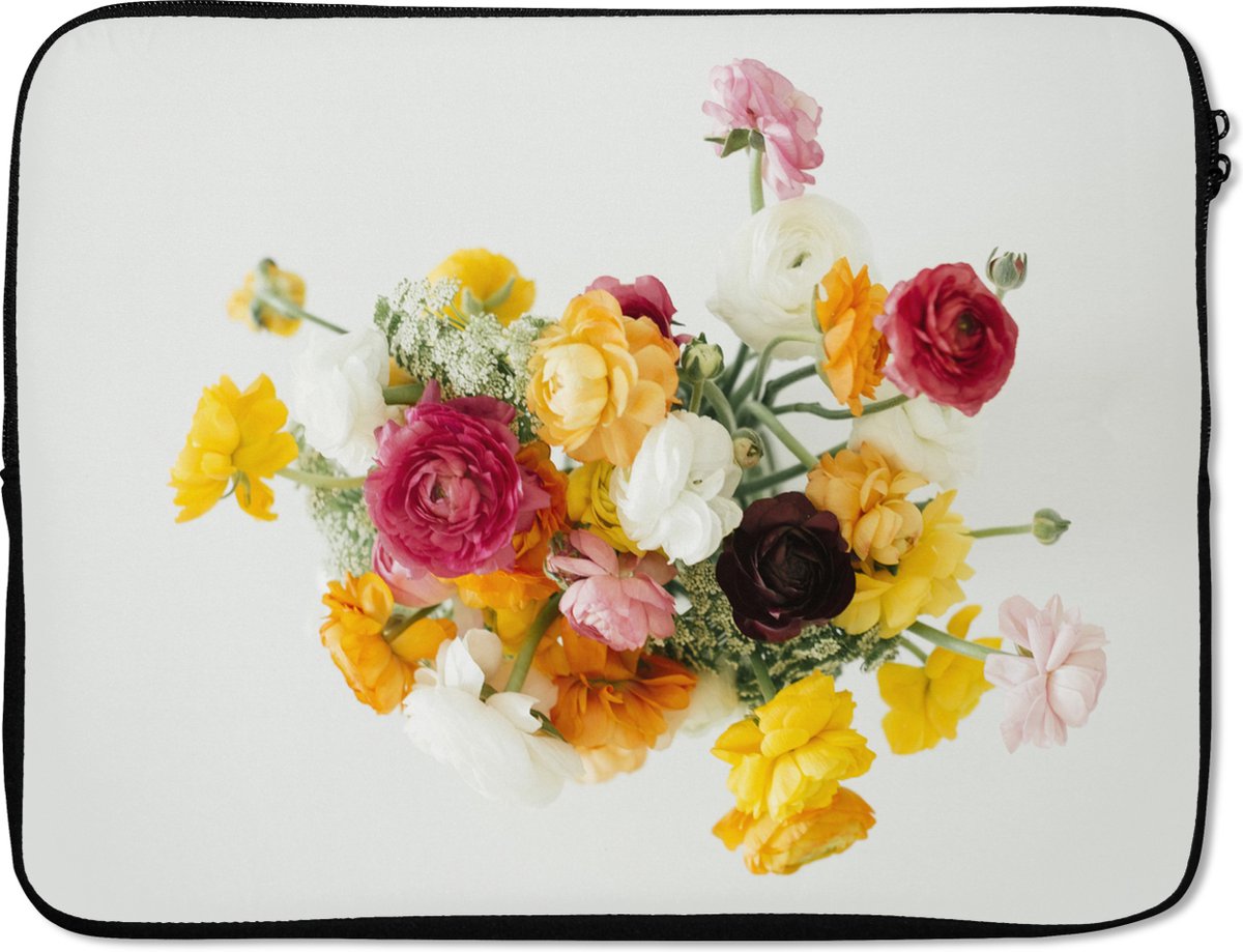 Laptophoes 17 inch - Boeket van kleurrijke boterbloemen op een lichte achtergrond - Laptop sleeve - Binnenmaat 41x28 cm - Zwarte achterkant