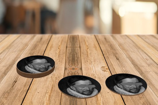 Sous-verres pour verres - Rond - Portrait de Guillaume Ier - Adriaen Thomasz - Zwart - Wit - 10x10 cm - Sous-verres en verre - 6 pièces