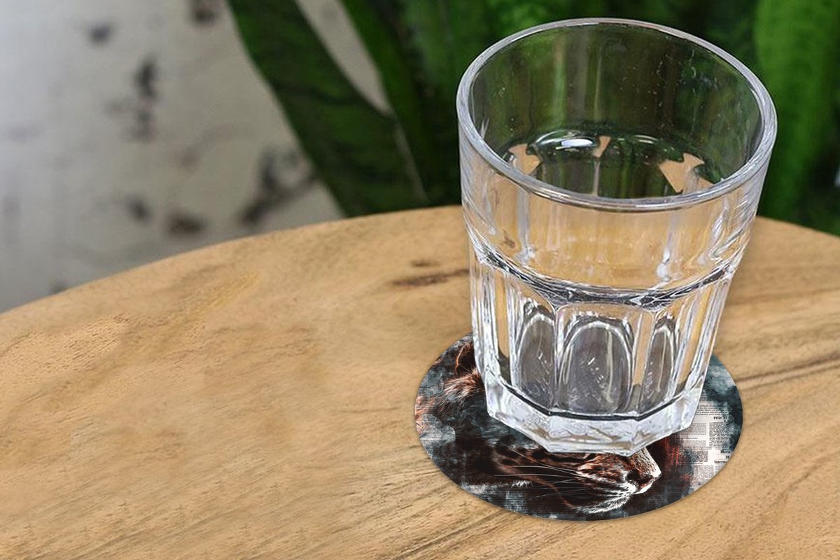 Onderzetters voor glazen - Rond - Tijger - Krant - Kunst - 10x10 cm - Glasonderzetters - 6 stuks