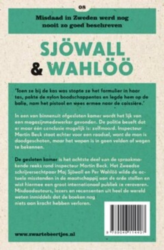 Achterzijde boek 'De gesloten kamer' van Sjöwall & Wahlöö, met tekst over het mysterie en een streepjescode.