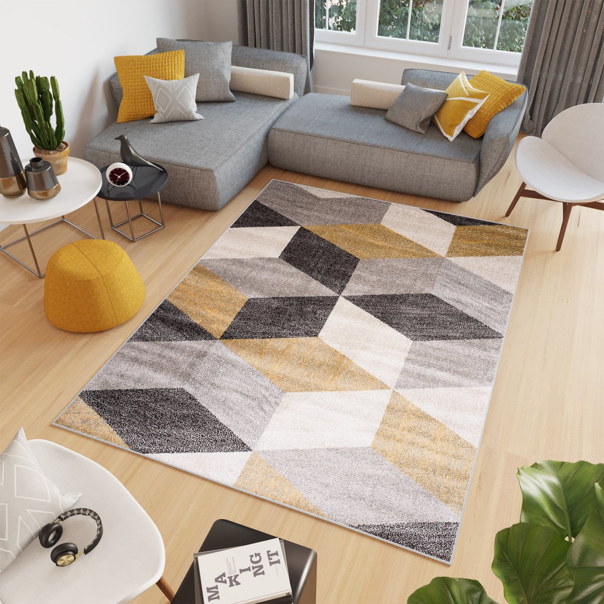 Tapiso Elefanta Vloerkleed Grijs Geel 3D-Effect Modern Woonkamer Tapijt Maat- 60x100 Grijs Beige Geel