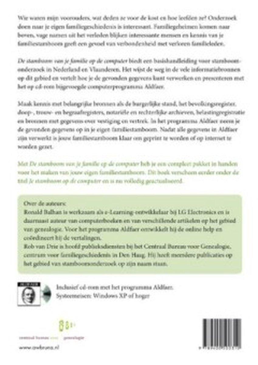 Achterkant van het boek "De stamboom van je familie op de computer" met tekst over het onderwerp en de auteurs.