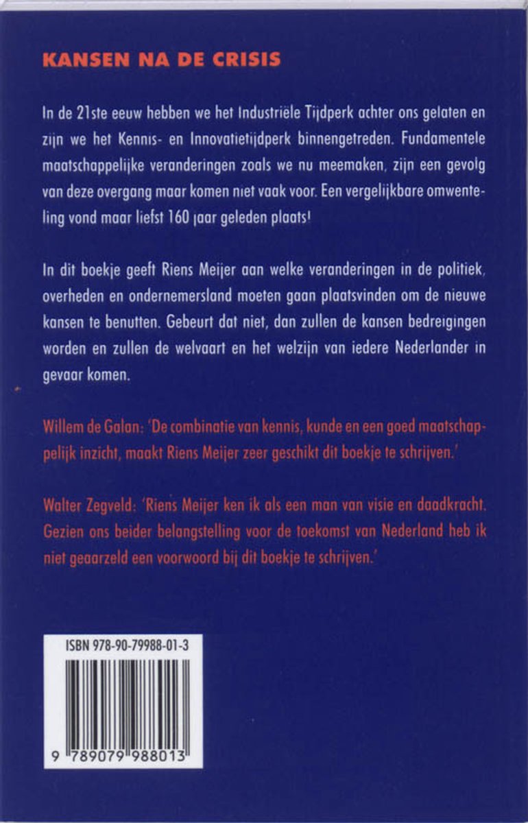 Achterkant boek "Kansen na de crisis" met ISBN en recensies.