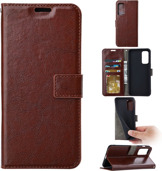 Étui de téléphone en cuir brun foncé, fermé, avec fermeture magnétique.