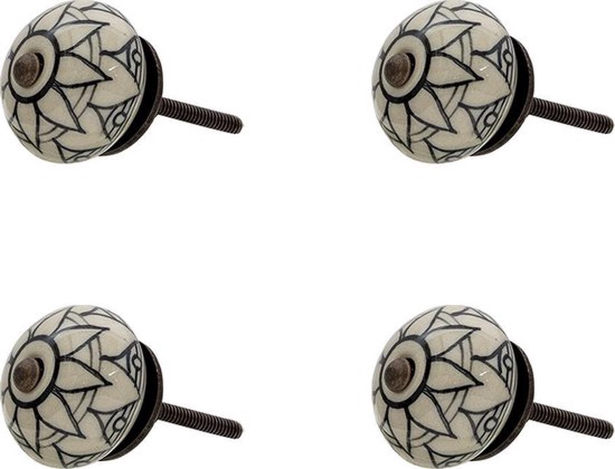 Deurknop Set van 4 Ø 4*3 cm Creme Keramiek Rond Bloem Meubelknop