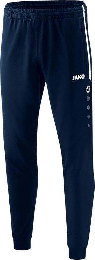 Pantalon de survêtement bleu marine Jako avec des rayures blanches et le logo Jako sur le côté.