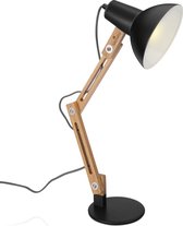Navaris bureaulamp met houten standaard - Design lamp - Retro tafellamp - In hoogte verstelbaar en kantelbaar - Met E27 fitting - In de kleur zwart