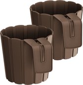 Set van 4x stuks kunststof balkon plantenpotten/bloempotten met haak bruin 14 cm - Tuin/balkon decoraties