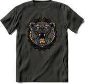 Beer - Dieren Mandala T-Shirt | Geel | Grappig Verjaardag Zentangle Dierenkop Cadeau Shirt | Dames - Heren - Unisex | Wildlife Tshirt Kleding Kado | - Donker Grijs - M