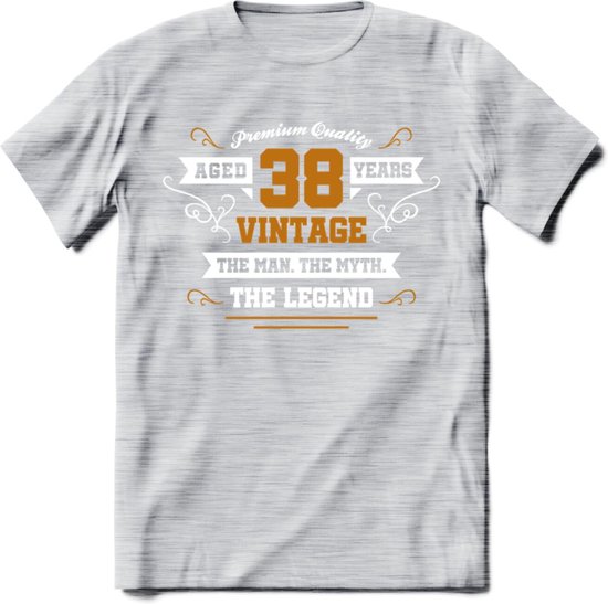 38 Jaar Legend T-Shirt | Goud - Wit | Grappig Verjaardag en Feest Cadeau Shirt | Dames - Heren - Unisex | Tshirt Kleding Kado | - Licht Grijs - Gemaleerd - 3XL
