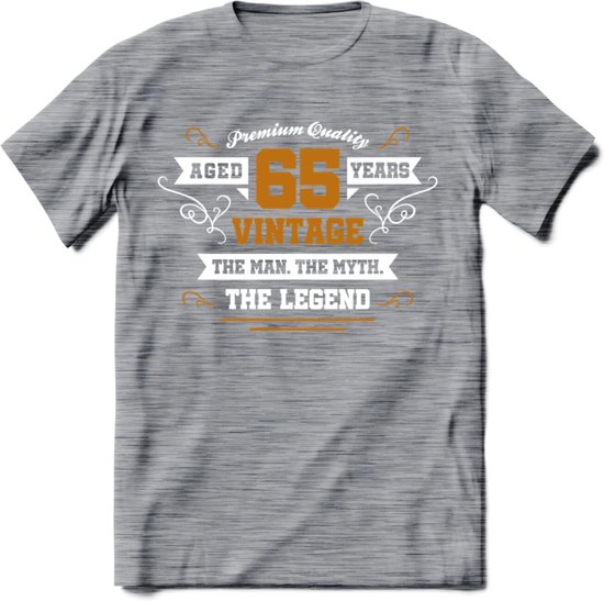 65 Jaar Legend T-Shirt | Goud - Wit | Grappig Verjaardag en Feest Cadeau Shirt | Dames - Heren - Unisex | Tshirt Kleding Kado | - Donker Grijs - Gemaleerd - S