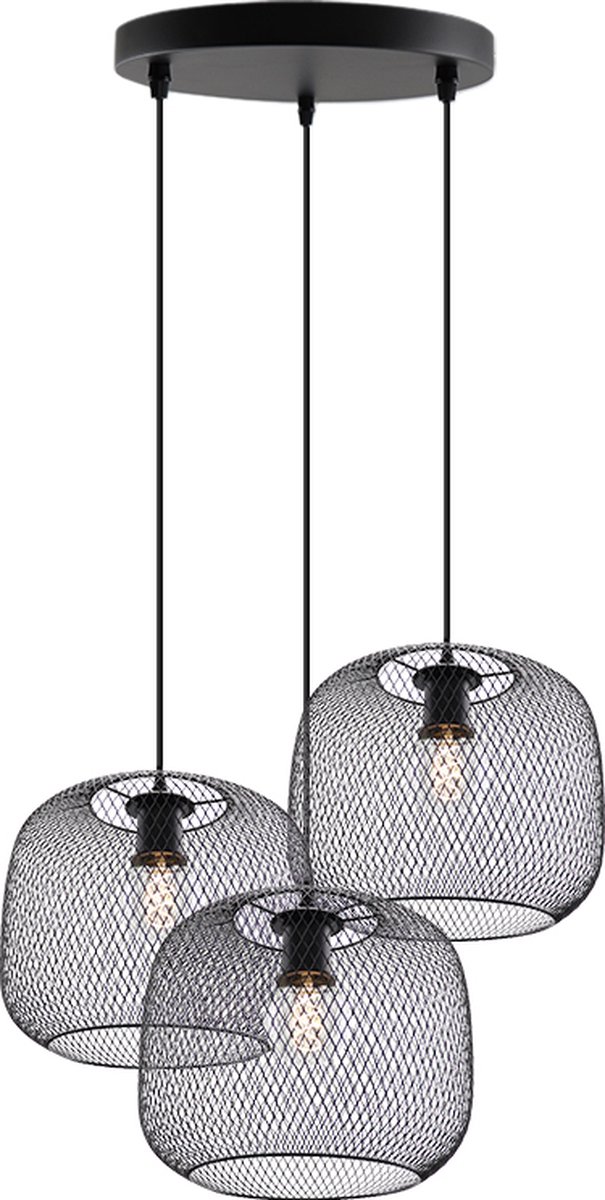 Olucia Emado - Industriële Hanglamp - 3L - Aluminium - Zwart - Rond - 40 cm