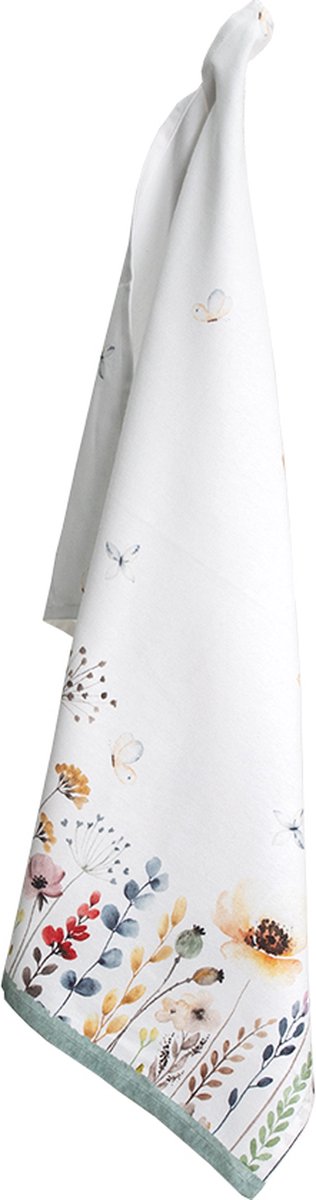 Clayre & Eef Theedoek 50x70 cm Wit Groen Katoen Bloemen