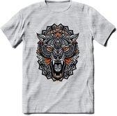 Wolf - Dieren Mandala T-Shirt | Oranje | Grappig Verjaardag Zentangle Dierenkop Cadeau Shirt | Dames - Heren - Unisex | Wildlife Tshirt Kleding Kado | - Licht Grijs - Gemaleerd - S
