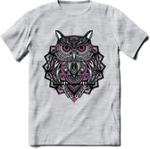 Uil - Dieren Mandala T-Shirt | Roze | Grappig Verjaardag Zentangle Dierenkop Cadeau Shirt | Dames - Heren - Unisex | Wildlife Tshirt Kleding Kado | - Licht Grijs - Gemaleerd - XL