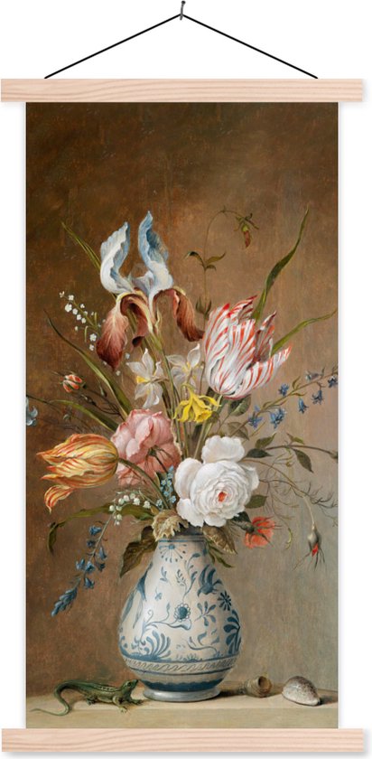 Posterhanger incl. Poster 90x180 cm - Schoolplaat - Bloemstilleven - Balthasar van der Ast - Oude meesters - Textielposter - Blanke latten