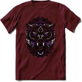 Wolf - Dieren Mandala T-Shirt | Paars | Grappig Verjaardag Zentangle Dierenkop Cadeau Shirt | Dames - Heren - Unisex | Wildlife Tshirt Kleding Kado | - Burgundy - M