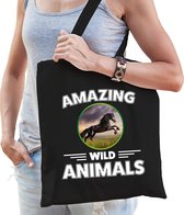 Katoenen tasje paard - zwart - volwassen + kind - amazing wild animals - boodschappentas/ gymtas/ sporttas - paarden fan