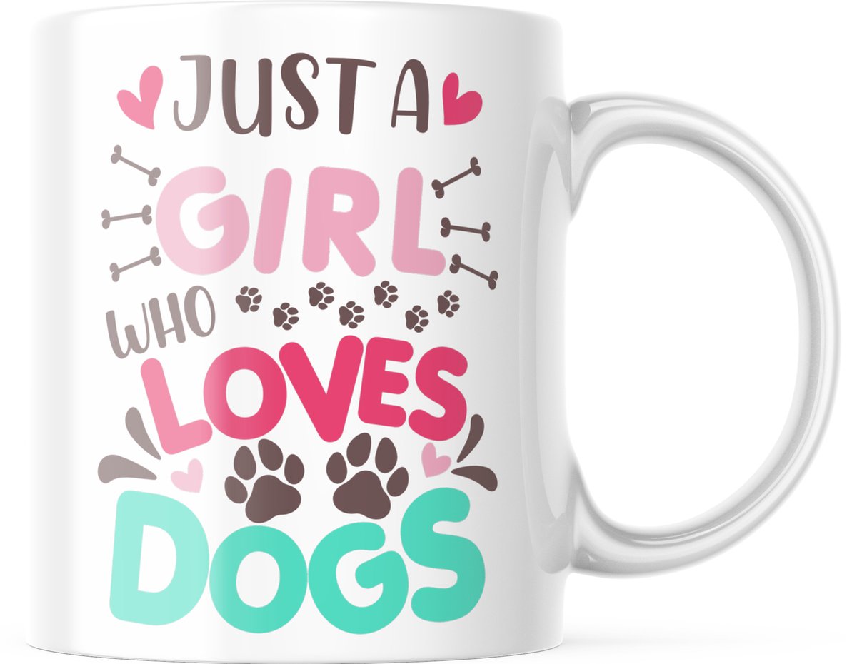 Valentijn Mok met tekst: just a girl who loves dogs | Valentijn cadeau | Valentijn decoratie | Grappige Cadeaus | Koffiemok | Koffiebeker | Theemok | Theebeker