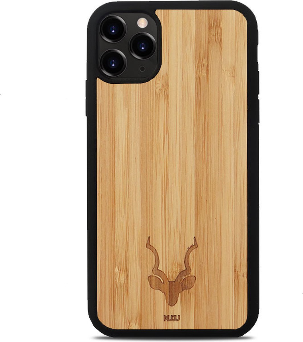 Kudu iPhone 11 Pro hoesje case - Houten backcover - Handgemaakt en afgewerkt met duurzaam TPU - Bamboe - Zwart