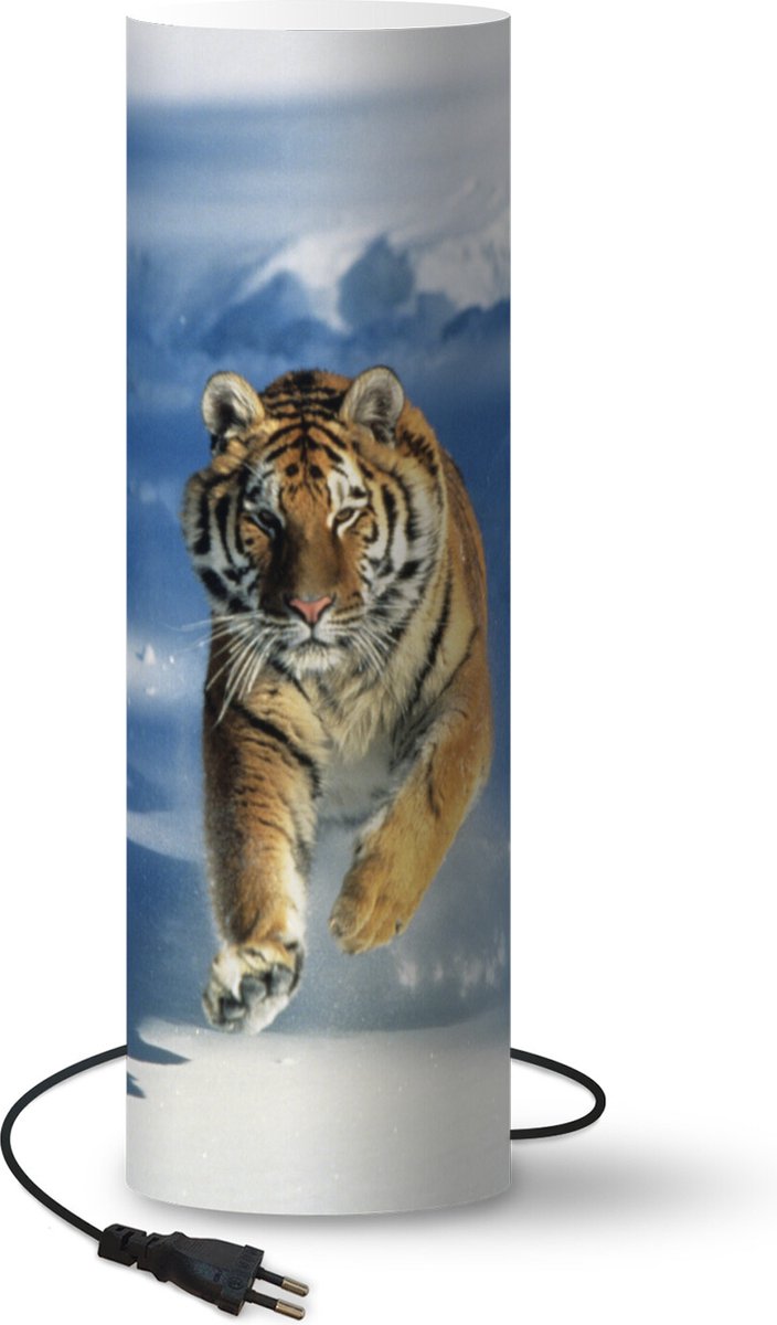 Lamp - Nachtlampje - Tafellamp slaapkamer - Tijger - Sneeuw - Rennen - 60 cm hoog - Ø19.1 cm - Inclusief LED lamp