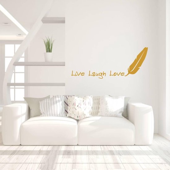 Muursticker Live Laugh Love Met Veer - Goud - 80 x 33 cm - slaapkamer woonkamer alle