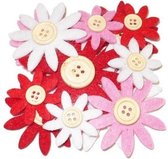 Hobby vilt 24 rood/wit/roze vilten bloemen met knoop 3-7 cm - Hobby en knutsel artikelen