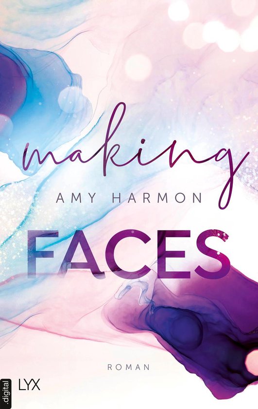Boekhoes met abstracte, vloeiende verfspatten in paars, blauw en roze. Titel: MAKING FACES, auteur: AMY HARMON.