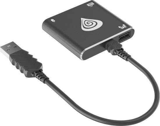 Zwarte adapter met logo, USB-kabel, USB-poort en pictogrammen voor microfoon en games.