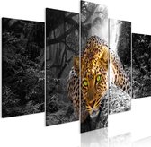 Schilderijen Op Canvas - Schilderij - Leopard Lying (5 Parts) Wide Grey 100x50 - Artgeist Schilderij