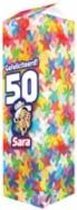 Verjaardag - Melkpak - Gefeliciteerd - 50 - Sarah  - Gevuld met een snoepmix - In cadeauverpakking met gekleurd lint