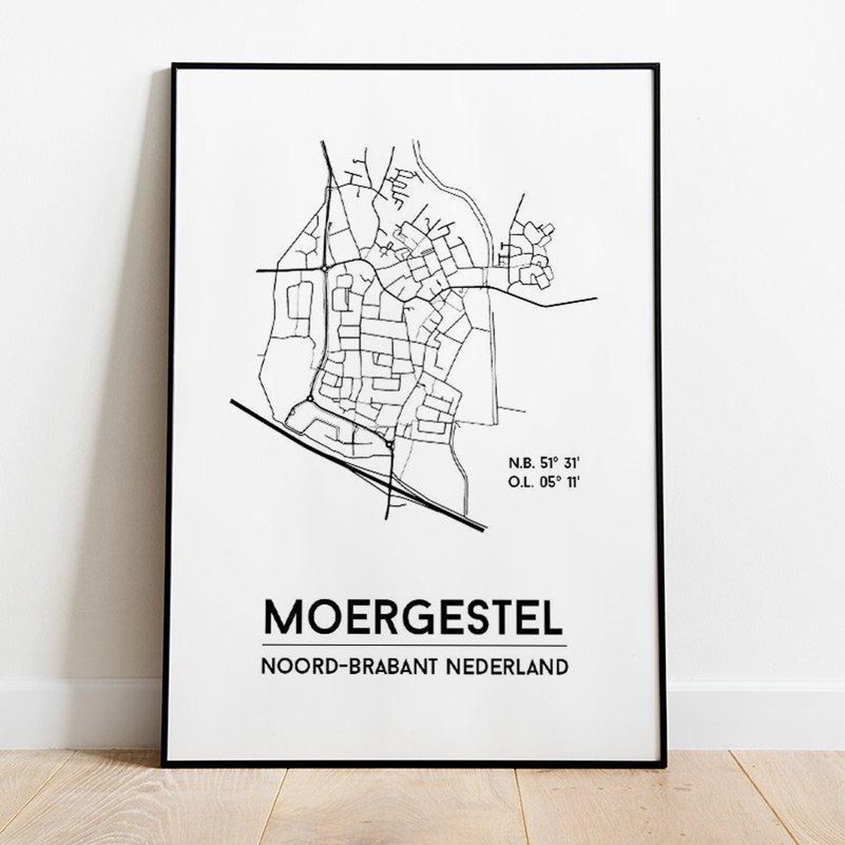 Moergestel city poster, A3 (30x40 cm) met lijst, plattegrond poster, woonplaatsposter, woonposter op Prijzenvolger.com