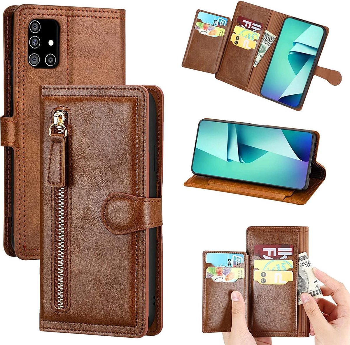 Premium vintage portemonnee hoesje met ritssluiting flip-cover hoes met kaarthoudersleuven Geschikt voor: Samsung Galaxy A32 5G - donker bruin