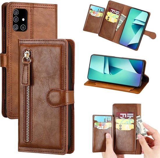 Samsung Galaxy A32 5G Premium Vintage Wallet Zippered Case Flip Cover Case avec fentes pour porte-cartes - Marron foncé