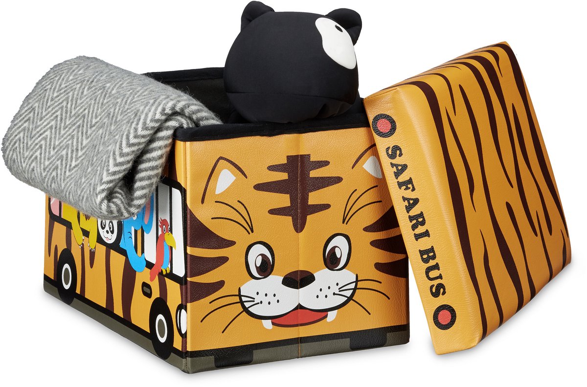 Relaxdays poef met opbergruimte voor kinderen - speelgoedkist - kinderhocker - met print - Safari Bus