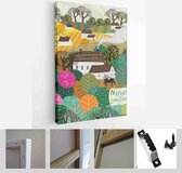 Nature, landscape, family and people. Vector illustration of a house, lake, field, view, village, tree and flowers - Modern Art Canvas - Vertical - 1898633704 - 115*75 Vertical