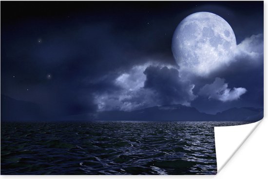 Volle maan verlicht de zee en de horizon poster 90x60 cm - Foto print op Poster (wanddecoratie woonkamer / slaapkamer) / Nacht Poster