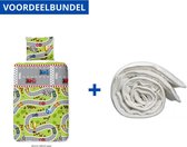 Dekbedovertrek voor Kinderen - Eenpersoons - 140x200/220cm - Inclusief 1 Kussensloop - 100% Versterkt Katoen - Circuit Groen + Wasbaar Microfiber Dekbed - 140x220cm - Wit