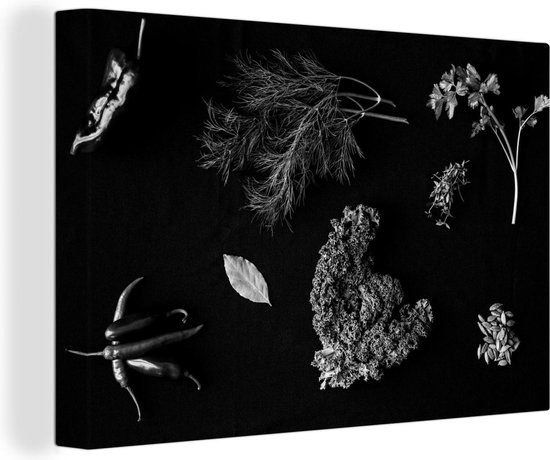 Canvas Schilderij Specerijen en kruiden op zwarte achtergrond - zwart wit - 60x40 cm - Wanddecoratie